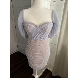 Miss Circle Dress Womens Small Blue Ruched Off Shoulder Bodycon Mini Party